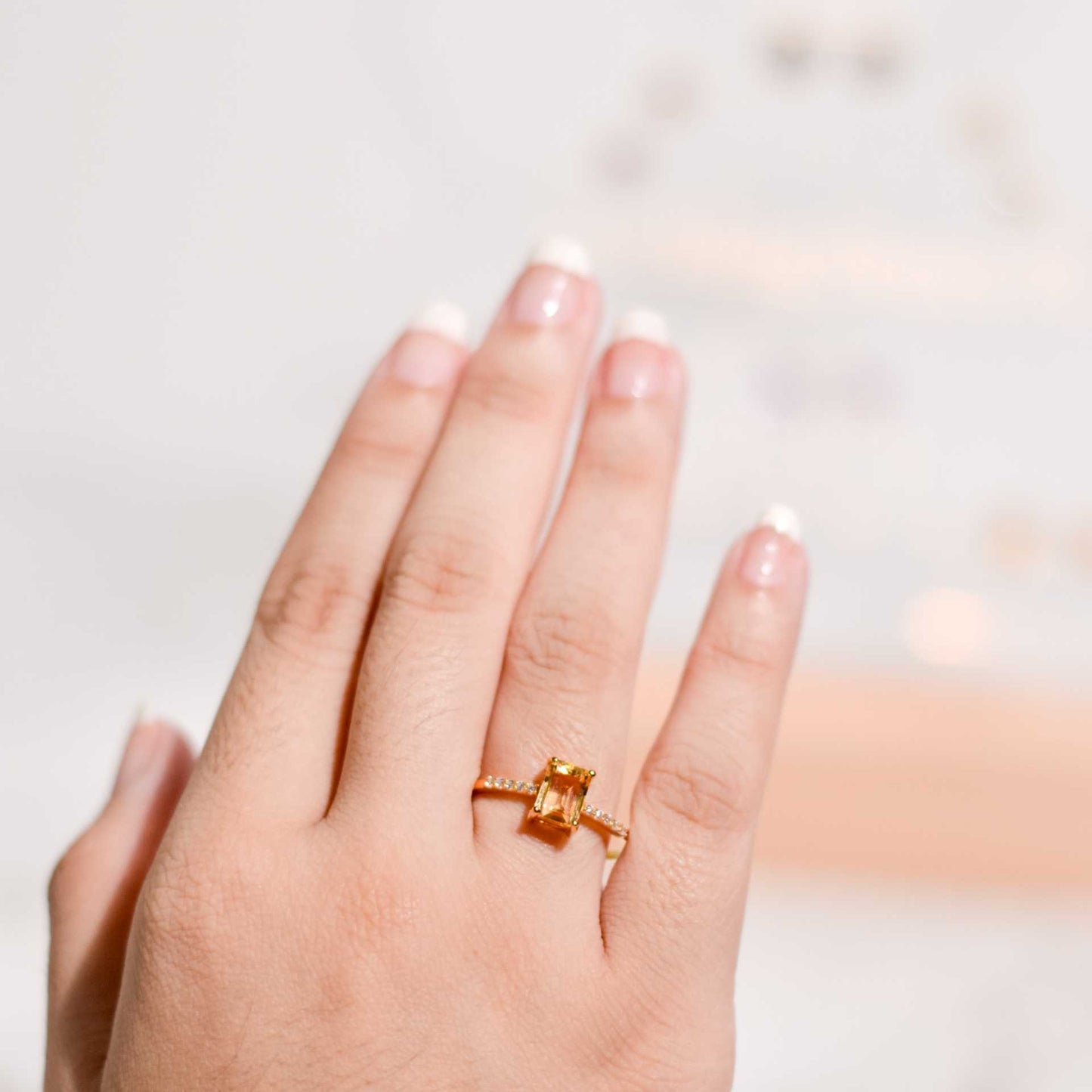 7 x 5 mm Baguette cut Citrine with Cz band Ring