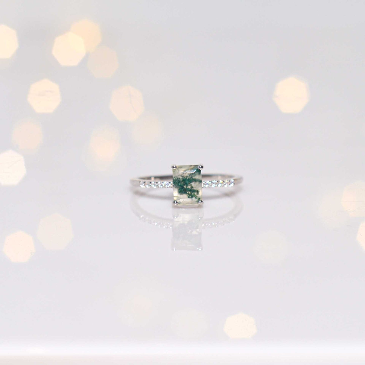 7 x 5 mm Baguette cut Green Moss Agate with Cz band Rhodium plated Ring