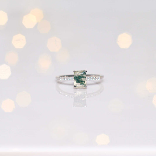 7 x 5 mm Baguette cut Green Moss Agate with Cz band Rhodium plated Ring