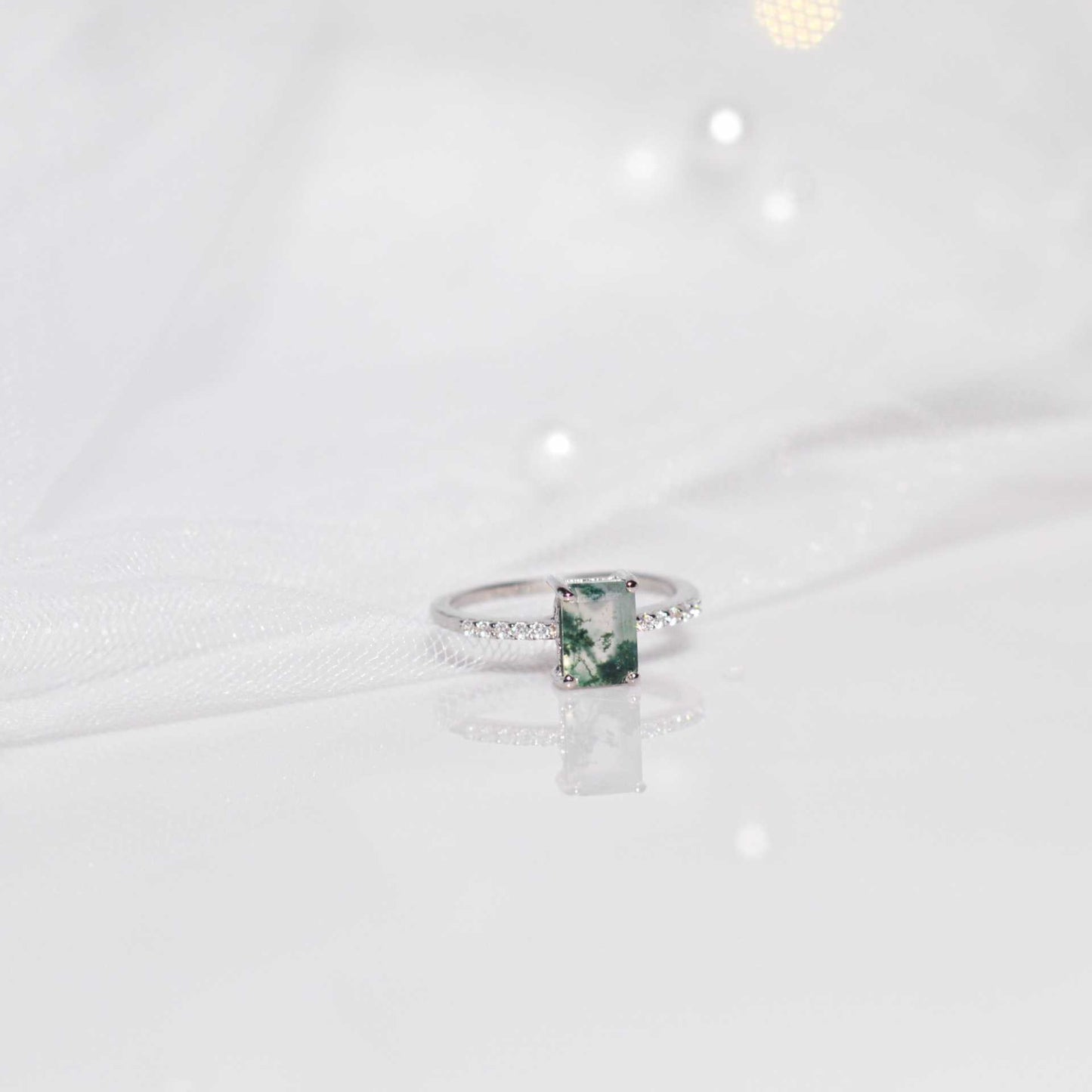 7 x 5 mm Baguette cut Green Moss Agate with Cz band Rhodium plated Ring