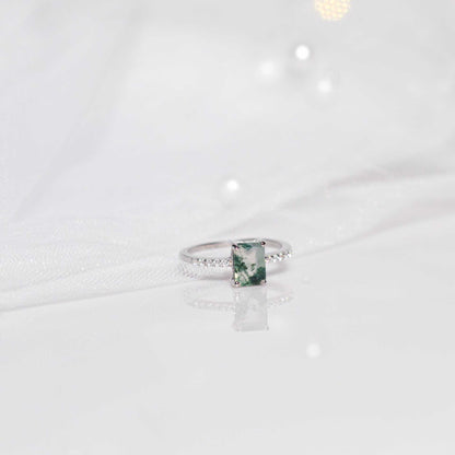7 x 5 mm Baguette cut Green Moss Agate with Cz band Rhodium plated Ring
