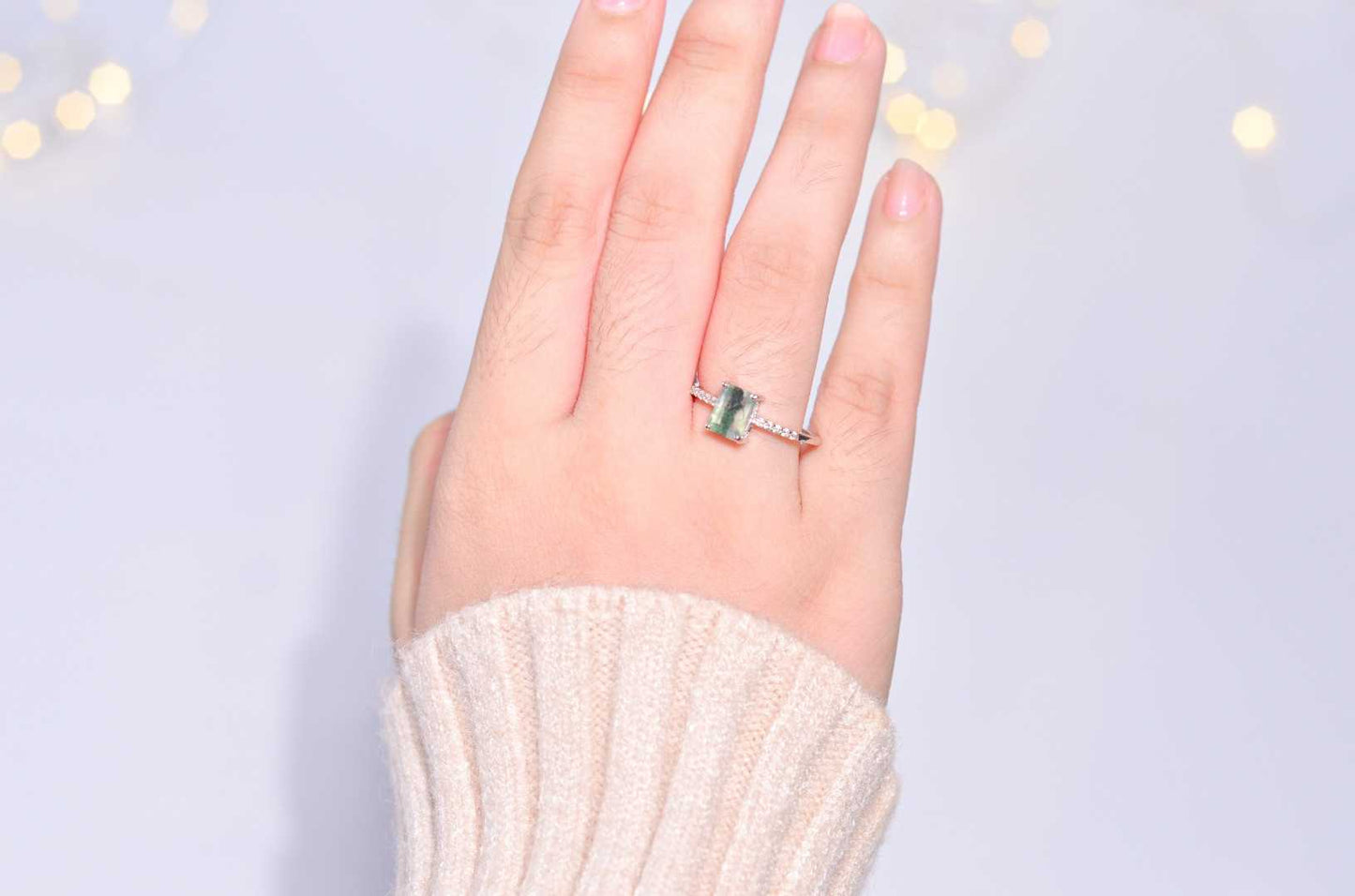7 x 5 mm Baguette cut Green Moss Agate with Cz band Rhodium plated Ring