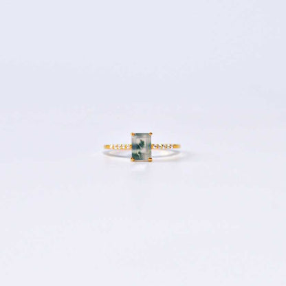 7 x 5 mm Baguette cut Green Moss Agate with Cz band Yellow gold plated Ring