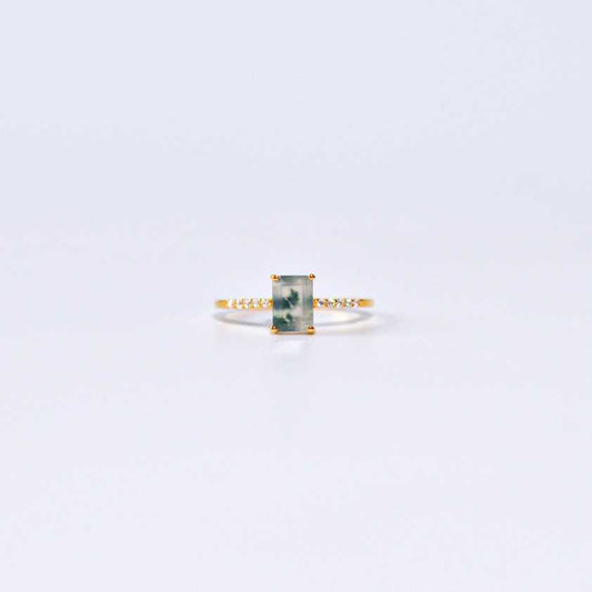 7 x 5 mm Baguette cut Green Moss Agate with Cz band Yellow gold plated Ring