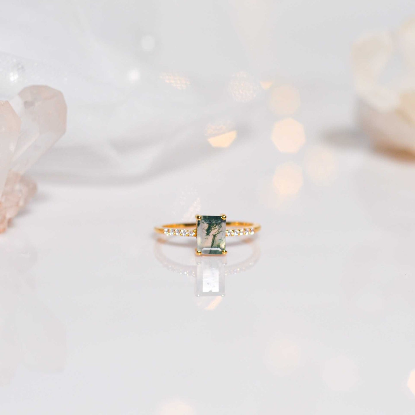 7 x 5 mm Baguette cut Green Moss Agate with Cz band Yellow gold plated Ring
