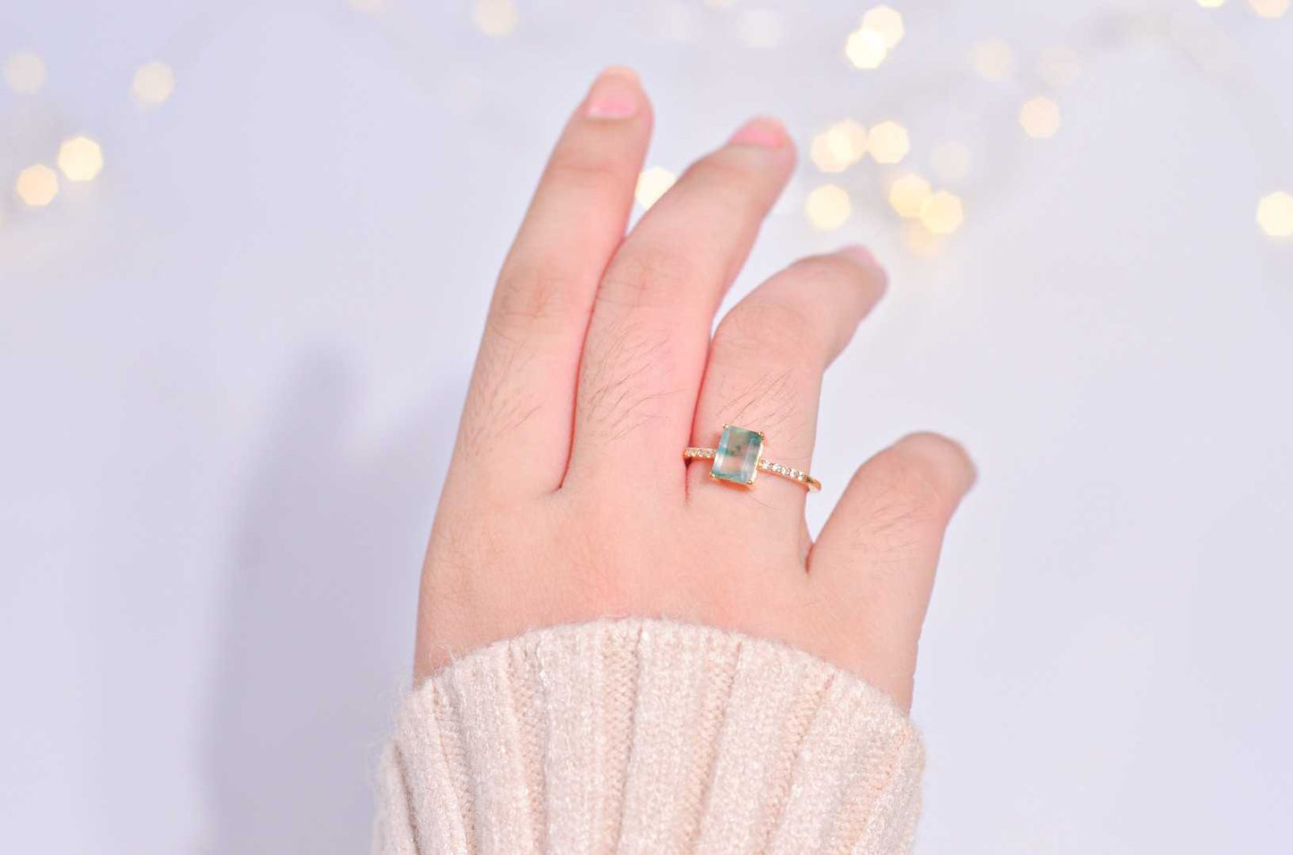 7 x 5 mm Baguette cut Green Moss Agate with Cz band Yellow gold plated Ring