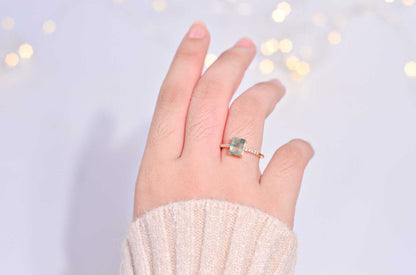 7 x 5 mm Baguette cut Green Moss Agate with Cz band Yellow gold plated Ring