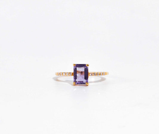 7 x 5 mm Baguette cut Purple Amethyst with Cz band Ring