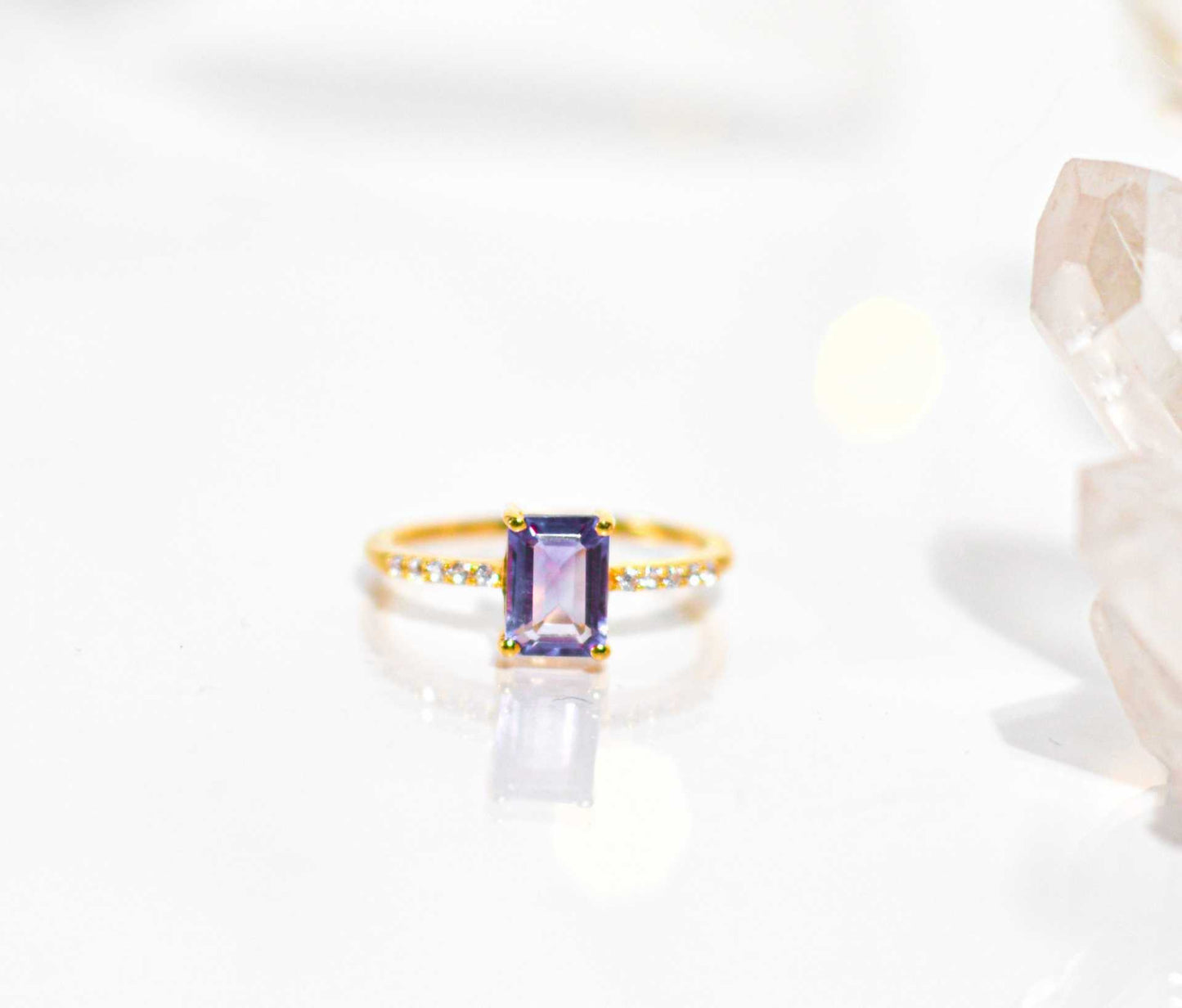 7 x 5 mm Baguette cut Purple Amethyst with Cz band Ring