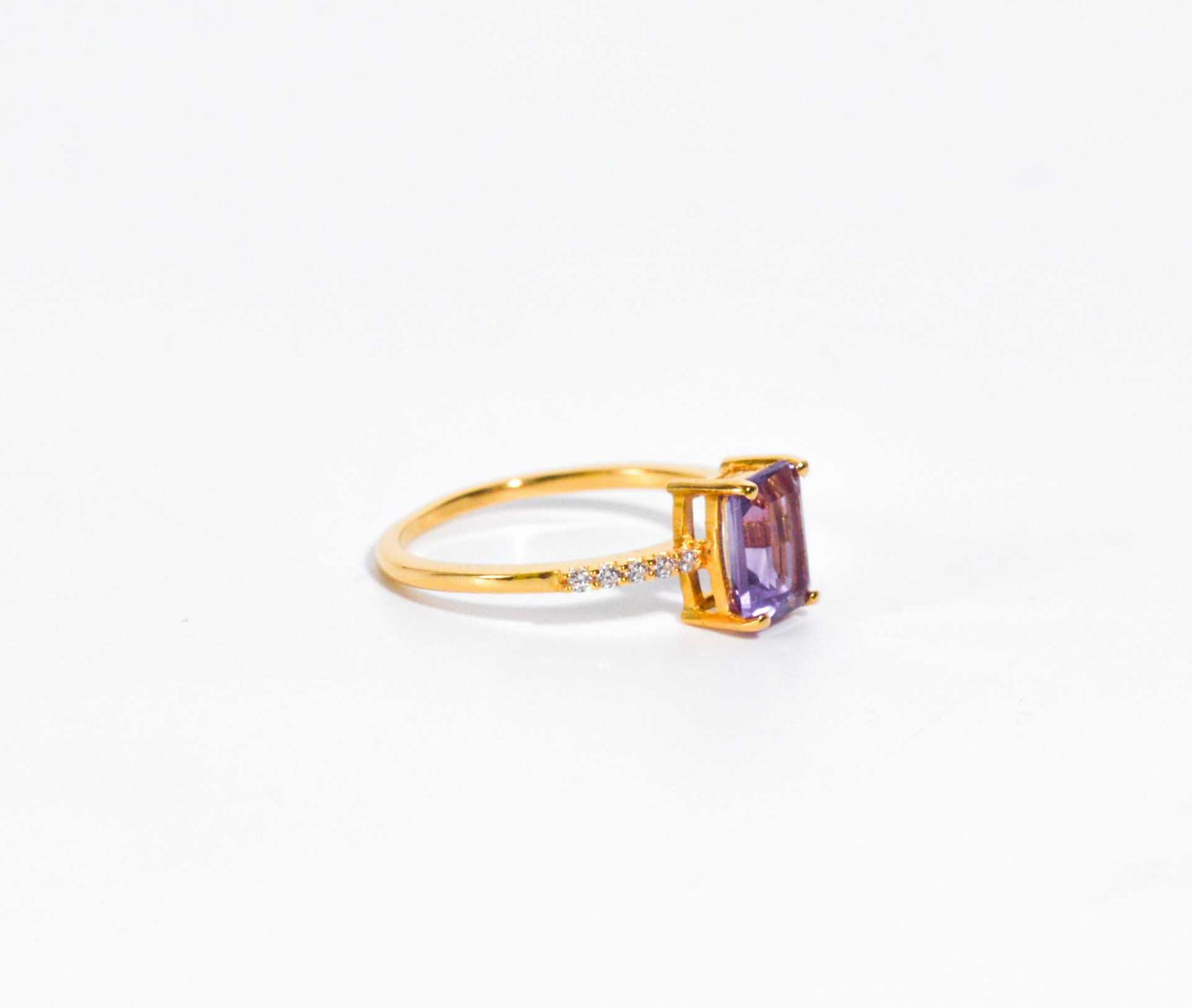 7 x 5 mm Baguette cut Purple Amethyst with Cz band Ring
