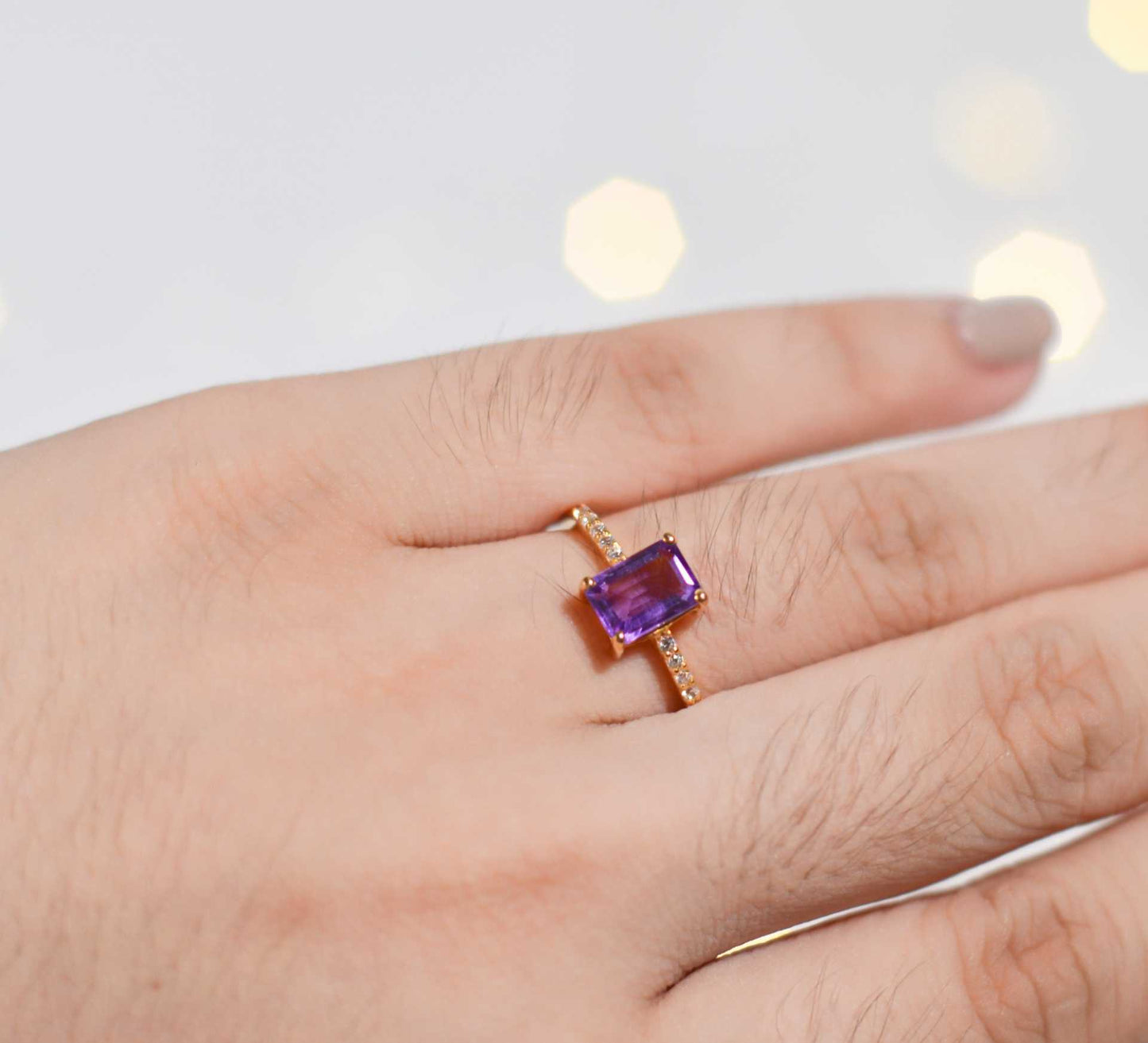 7 x 5 mm Baguette cut Purple Amethyst with Cz band Ring