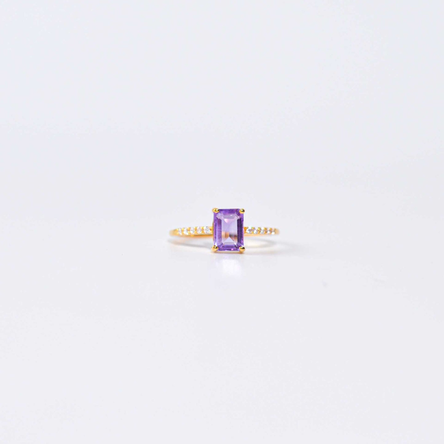 7 x 5 mm Baguette cut Pink Amethyst with Cz band Ring