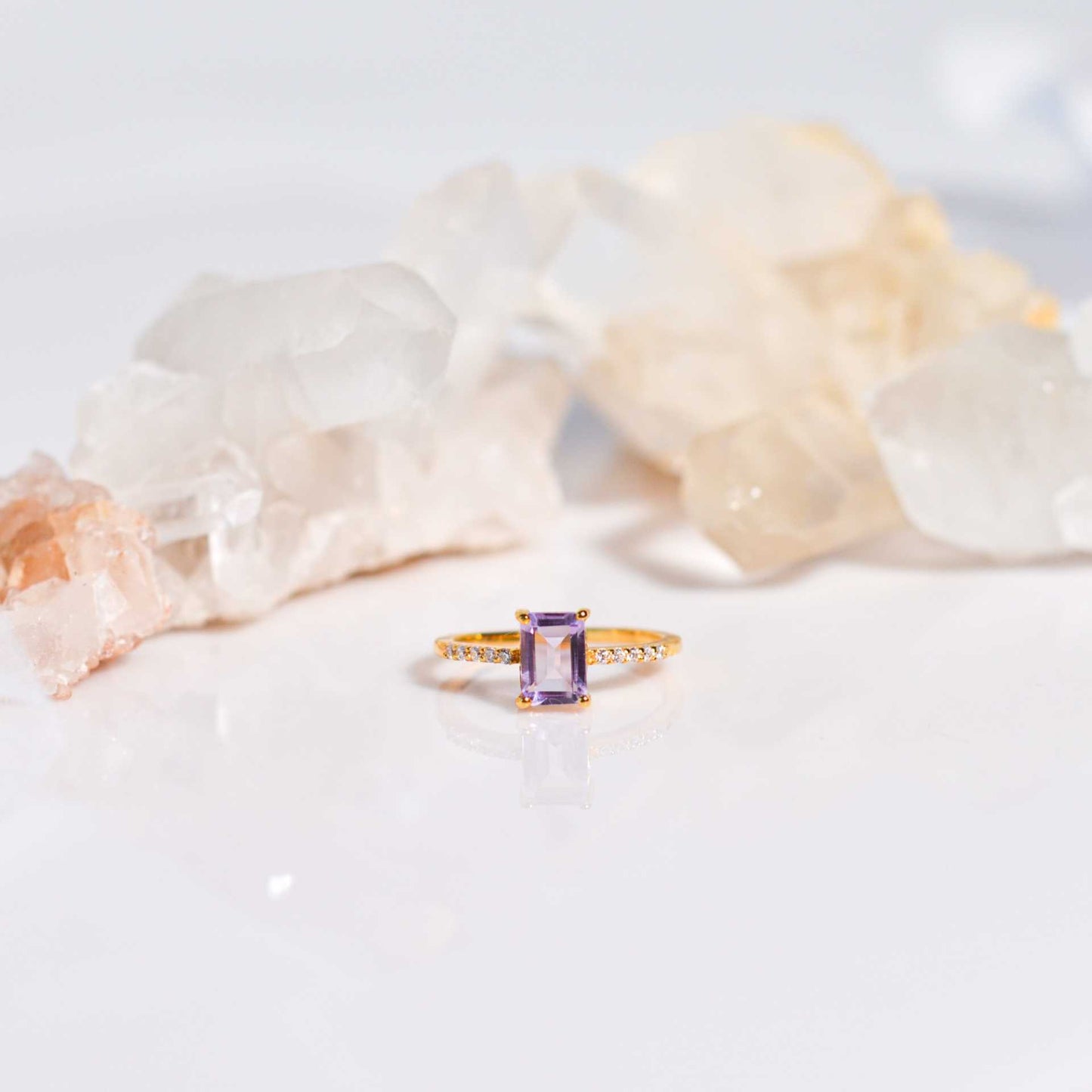 7 x 5 mm Baguette cut Pink Amethyst with Cz band Ring