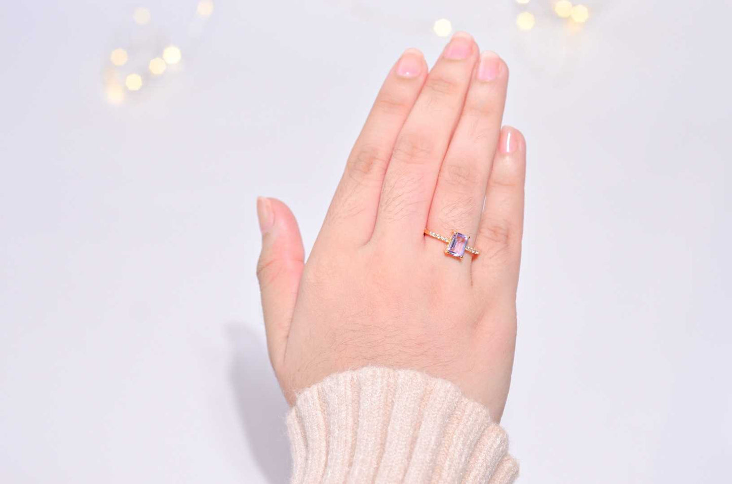 7 x 5 mm Baguette cut Pink Amethyst with Cz band Ring