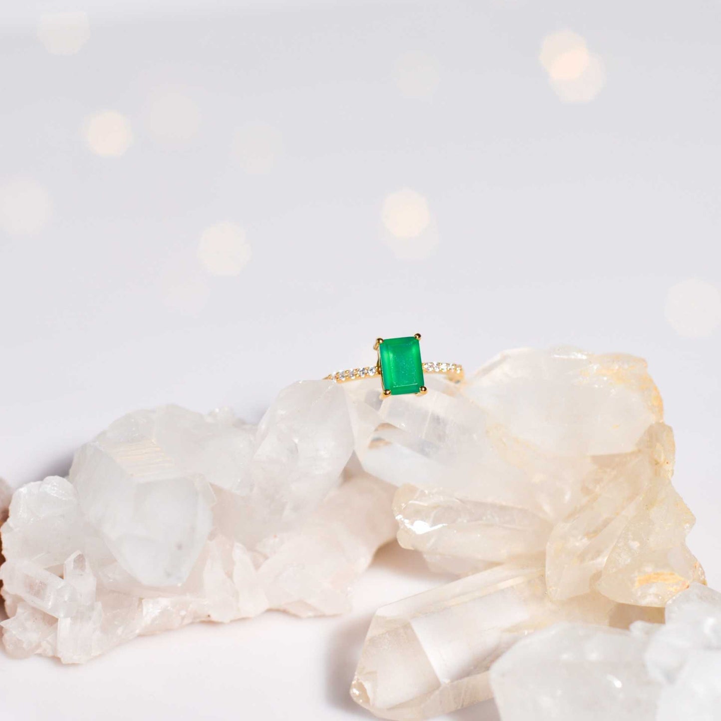 7 x 5 mm Baguette cut Green Onyx with Cz band Ring