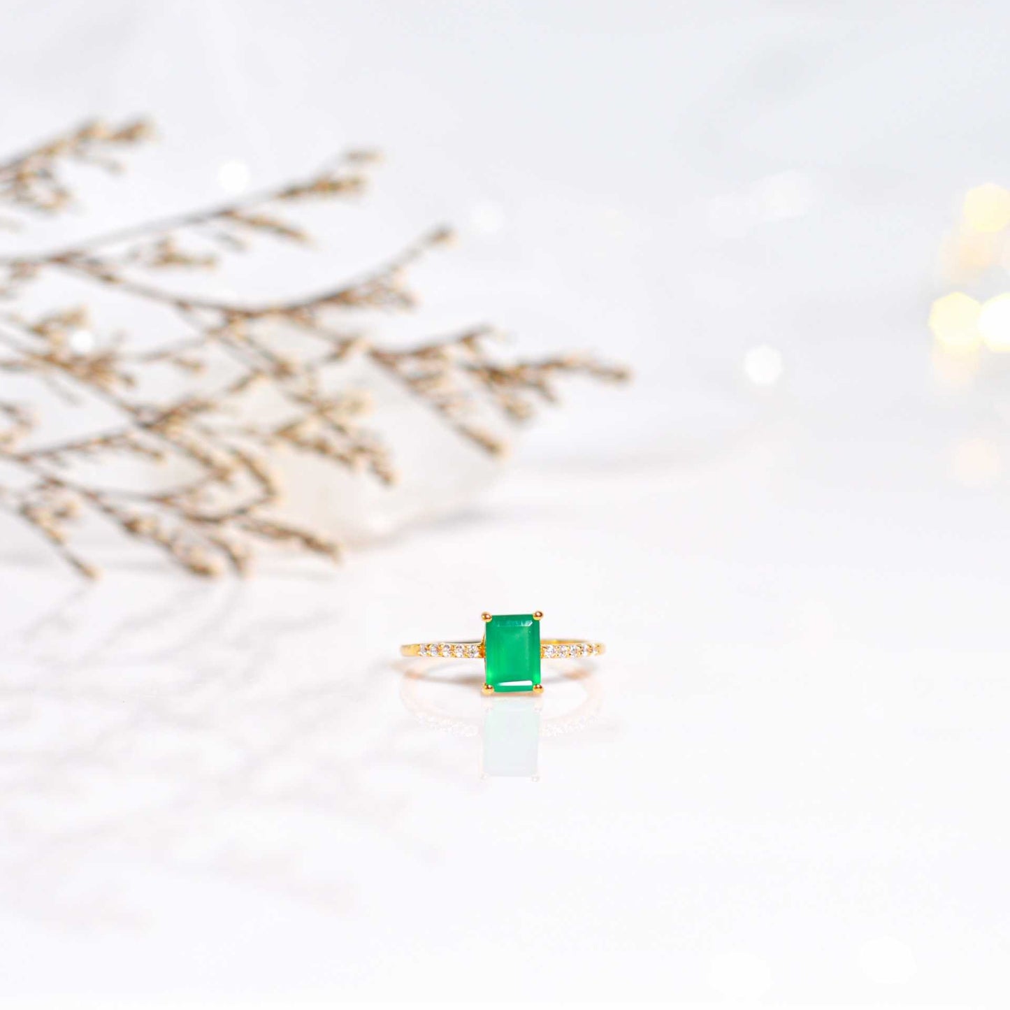 7 x 5 mm Baguette cut Green Onyx with Cz band Ring