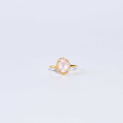 8 x 6 mm Oval cut Rose Quartz with Cz Halo Ring