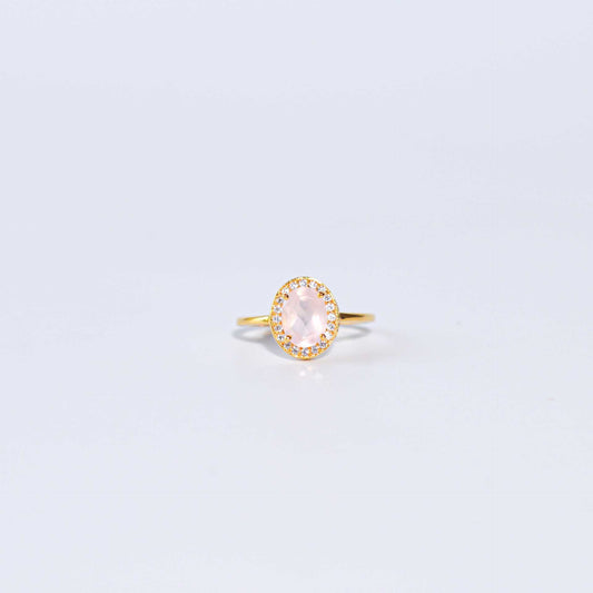 8 x 6 mm Oval cut Rose Quartz with Cz Halo Ring