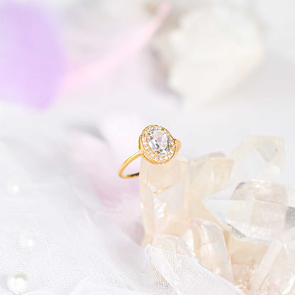8 x 6 mm Oval cut Rose Quartz with Cz Halo Ring