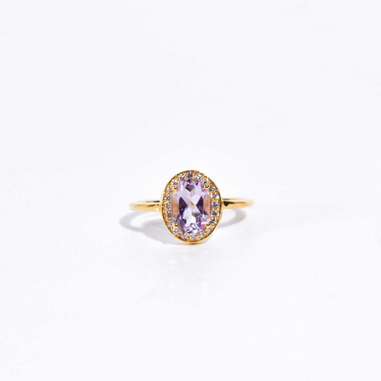 8 x 6 mm Oval cut Pink Amethyst with Cz Halo Yellow gold plated Ring