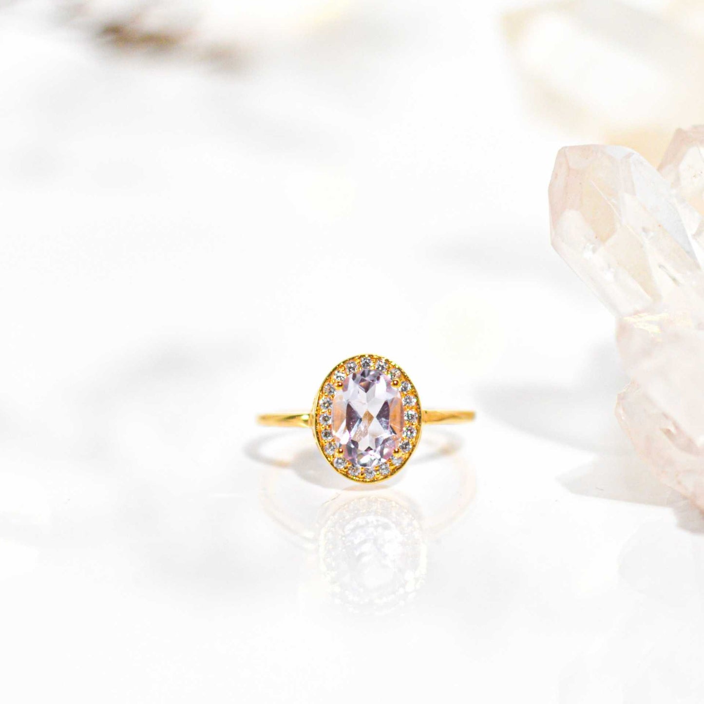 8 x 6 mm Oval cut Pink Amethyst with Cz Halo Yellow gold plated Ring