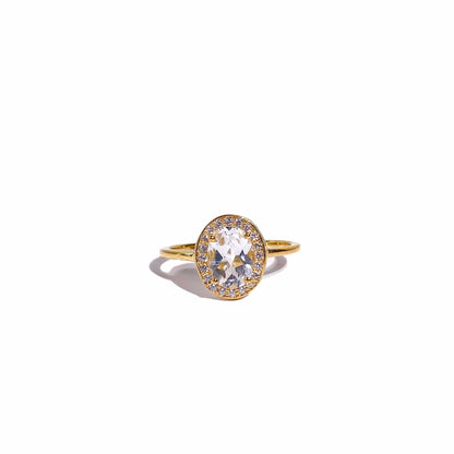 8 x 6 mm Oval cut White Topaz with Cz Halo Yellow gold plated Ring