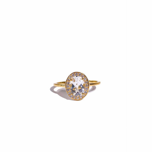 8 x 6 mm Oval cut White Topaz with Cz Halo Yellow gold plated Ring