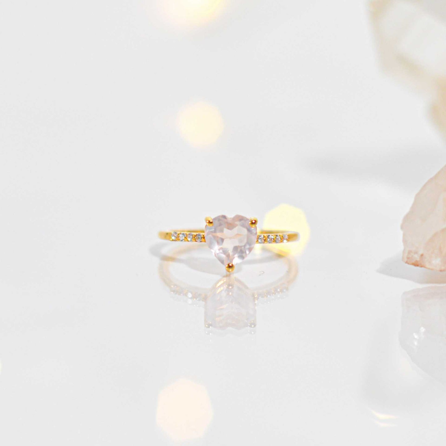 7 mm Heart cut Rose Quartz with Cz band Yellow gold plated Ring