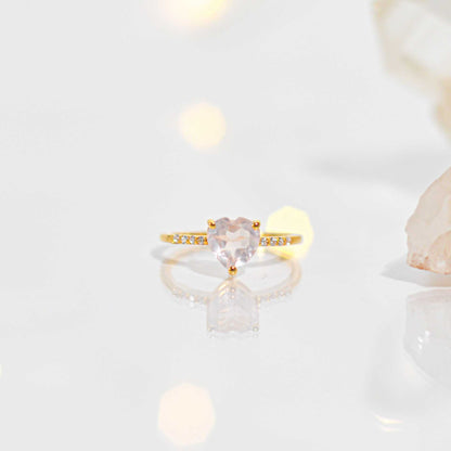7 mm Heart cut Rose Quartz with Cz band Yellow gold plated Ring