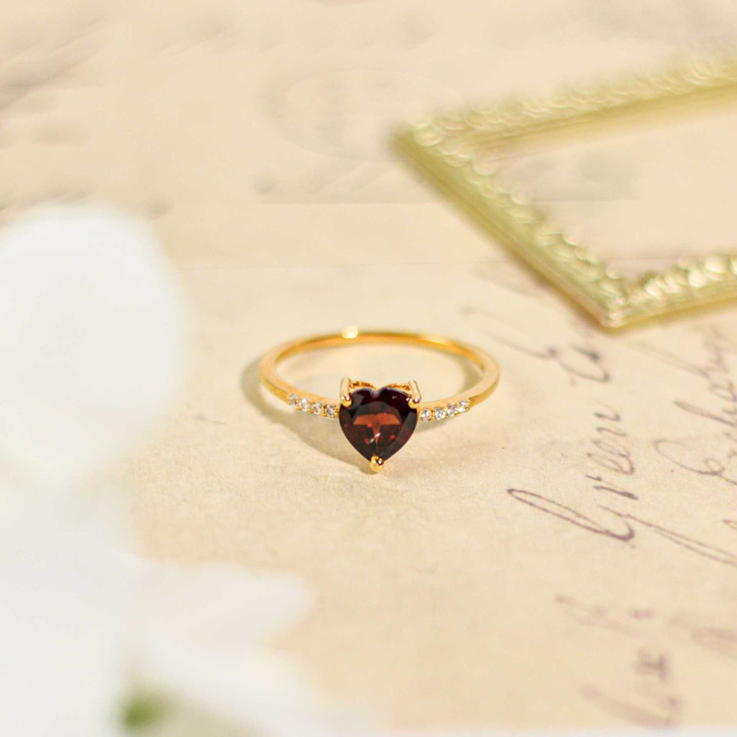7 mm Heart cut Red Garnet with Cz band Yellow gold plated Ring