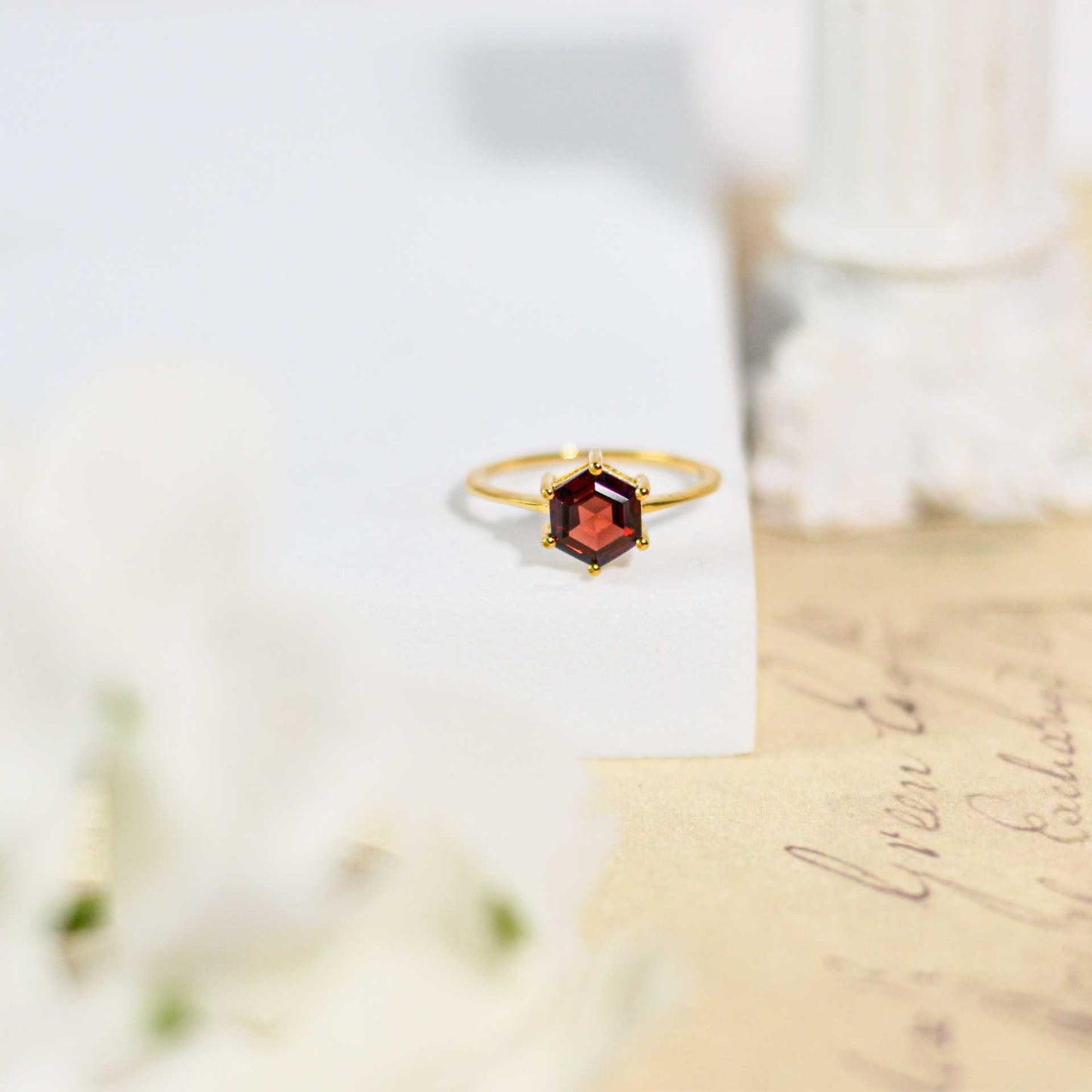 7 mm Hexagon cut Red Garnet Yellow gold plated Ring