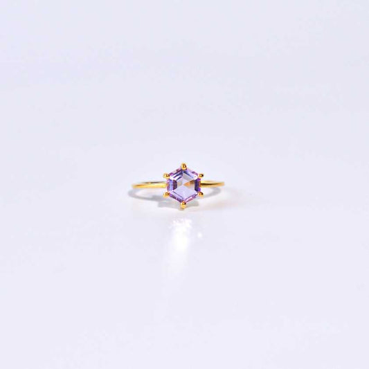 7 mm Hexagon cut Pink Amethyst Yellow gold plated Ring