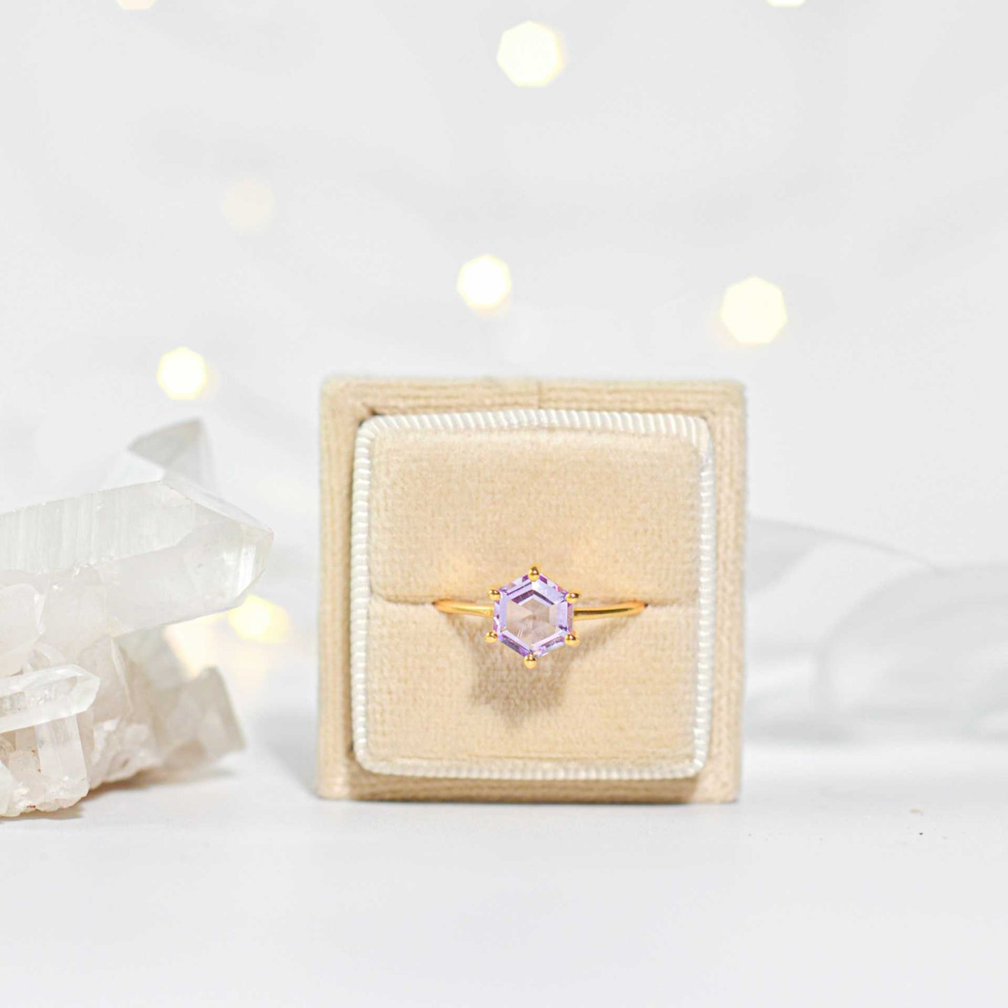 7 mm Hexagon cut Pink Amethyst Yellow gold plated Ring