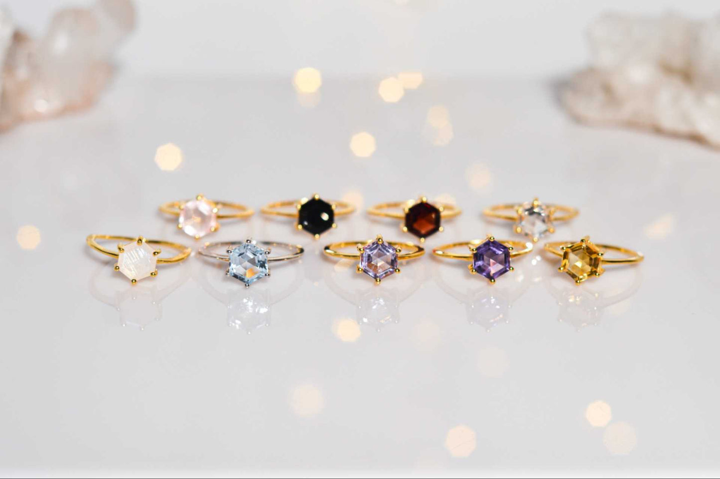 7 mm Hexagon cut Pink Amethyst Yellow gold plated Ring