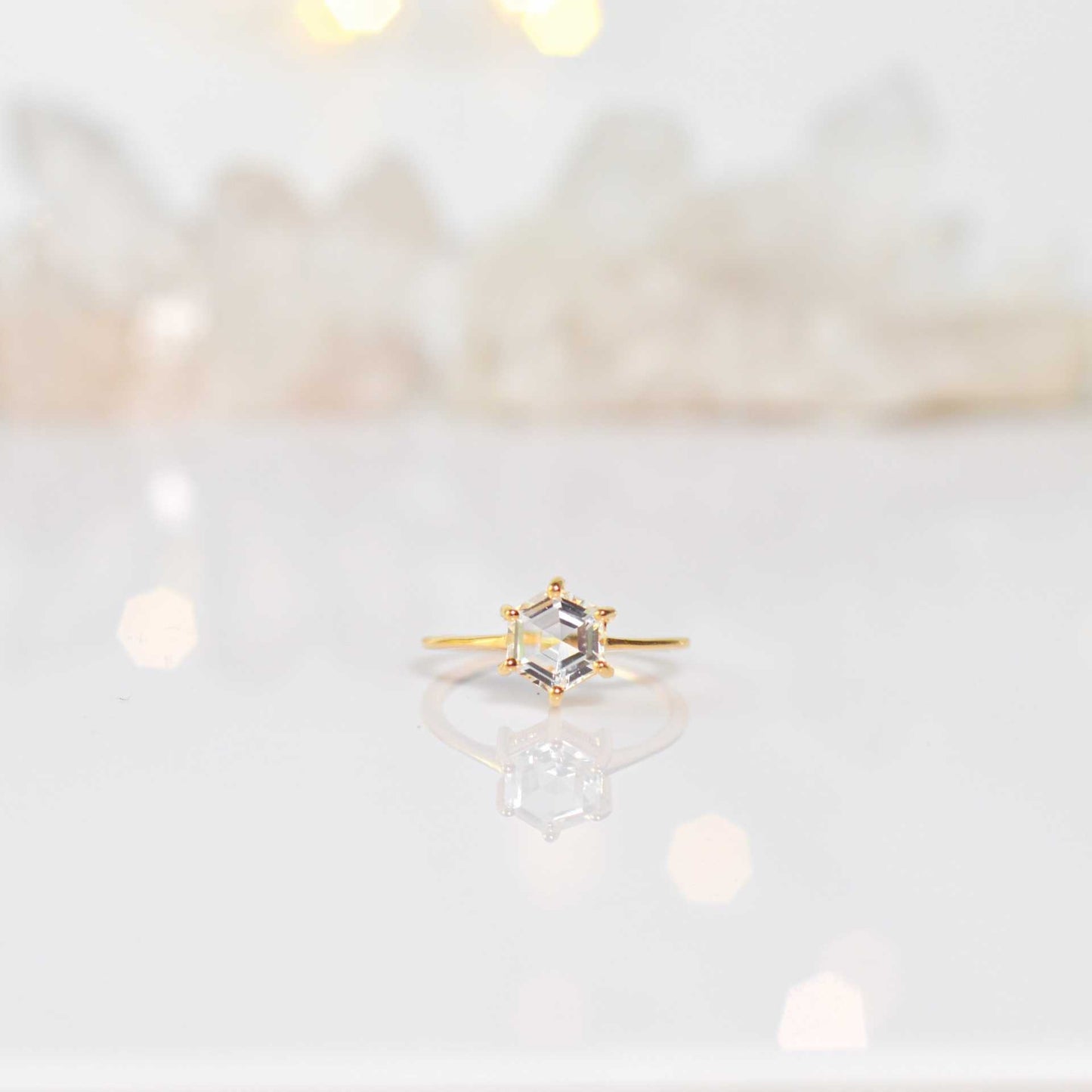 7 mm Hexagon cut White Topaz Yellow gold plated Ring
