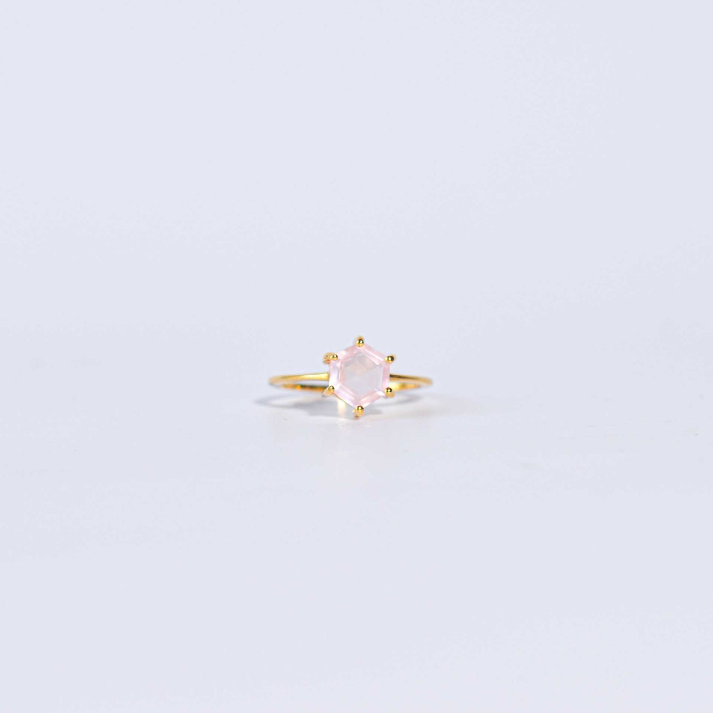 7 mm Hexagon cut Rose Quartz Yellow gold plated Ring