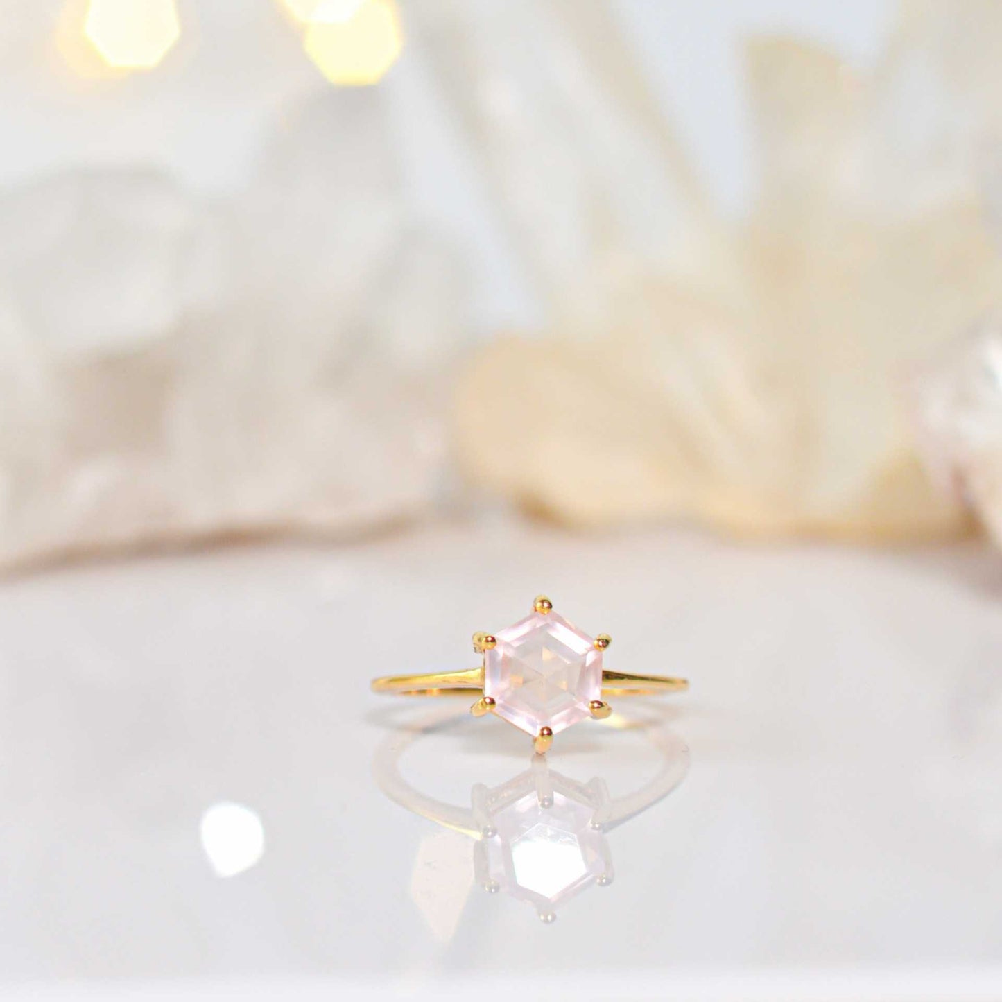7 mm Hexagon cut Rose Quartz Yellow gold plated Ring