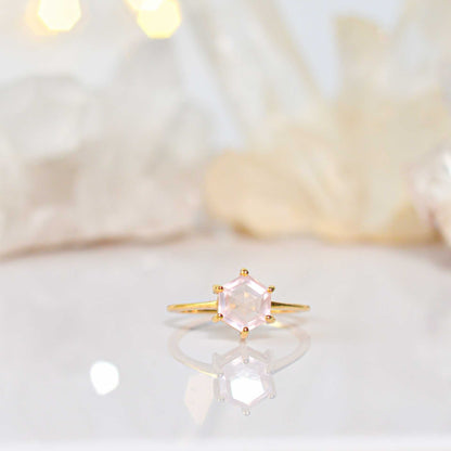 7 mm Hexagon cut Rose Quartz Yellow gold plated Ring