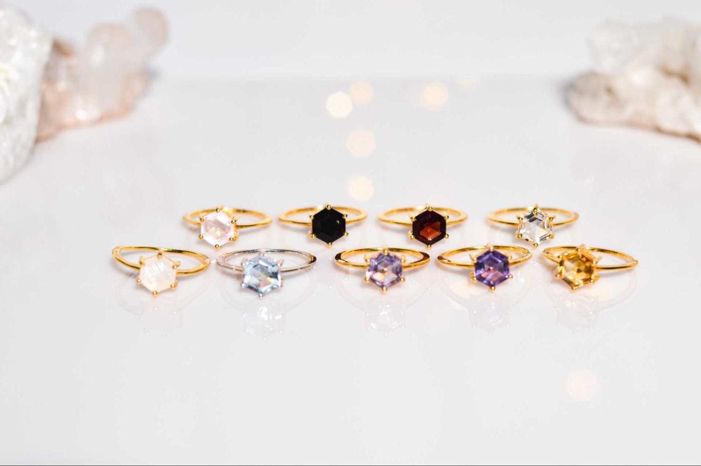 7 mm Hexagon cut Rose Quartz Yellow gold plated Ring