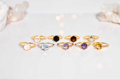 7 mm Hexagon cut Rose Quartz Yellow gold plated Ring