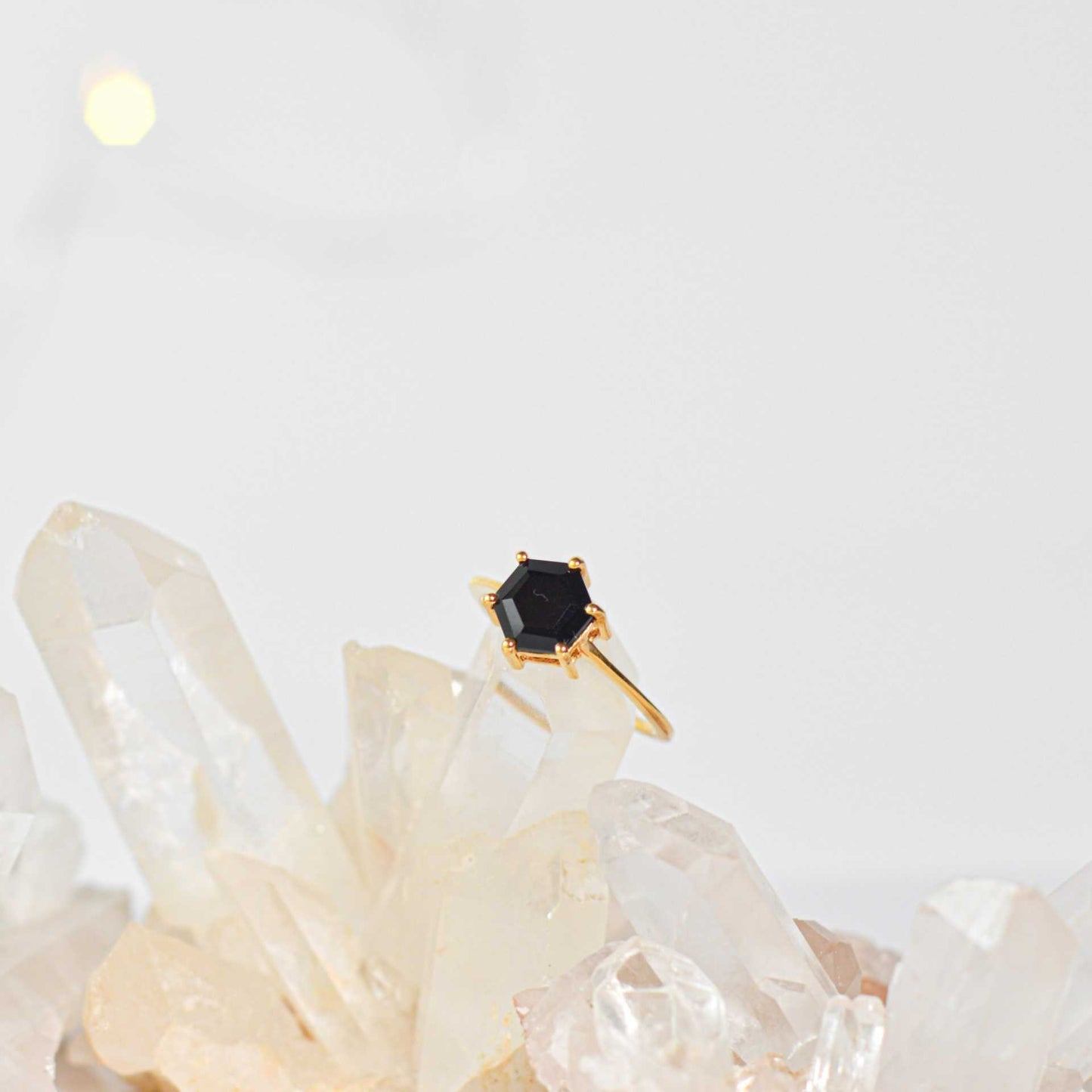 7 mm Hexagon cut Black Onyx Yellow gold plated Ring