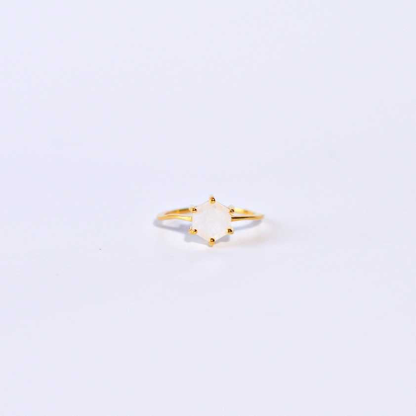 7 mm Hexagon cut Rainbow Moonstone  Yellow gold plated Ring