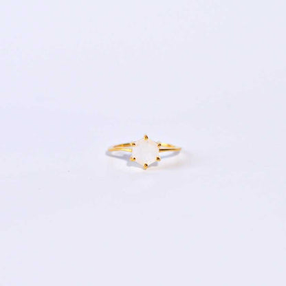 7 mm Hexagon cut Rainbow Moonstone  Yellow gold plated Ring