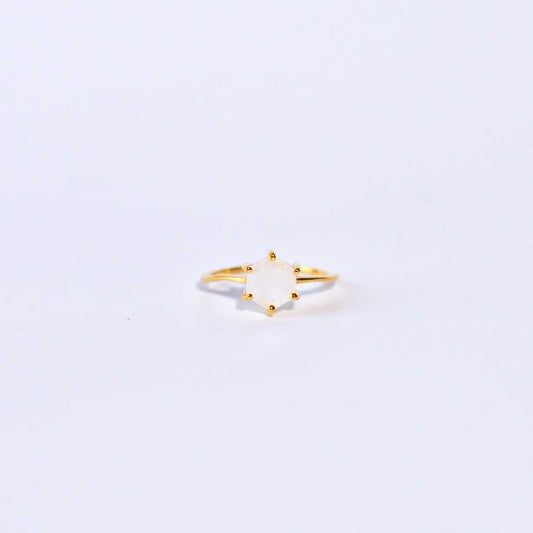 7 mm Hexagon cut Rainbow Moonstone  Yellow gold plated Ring