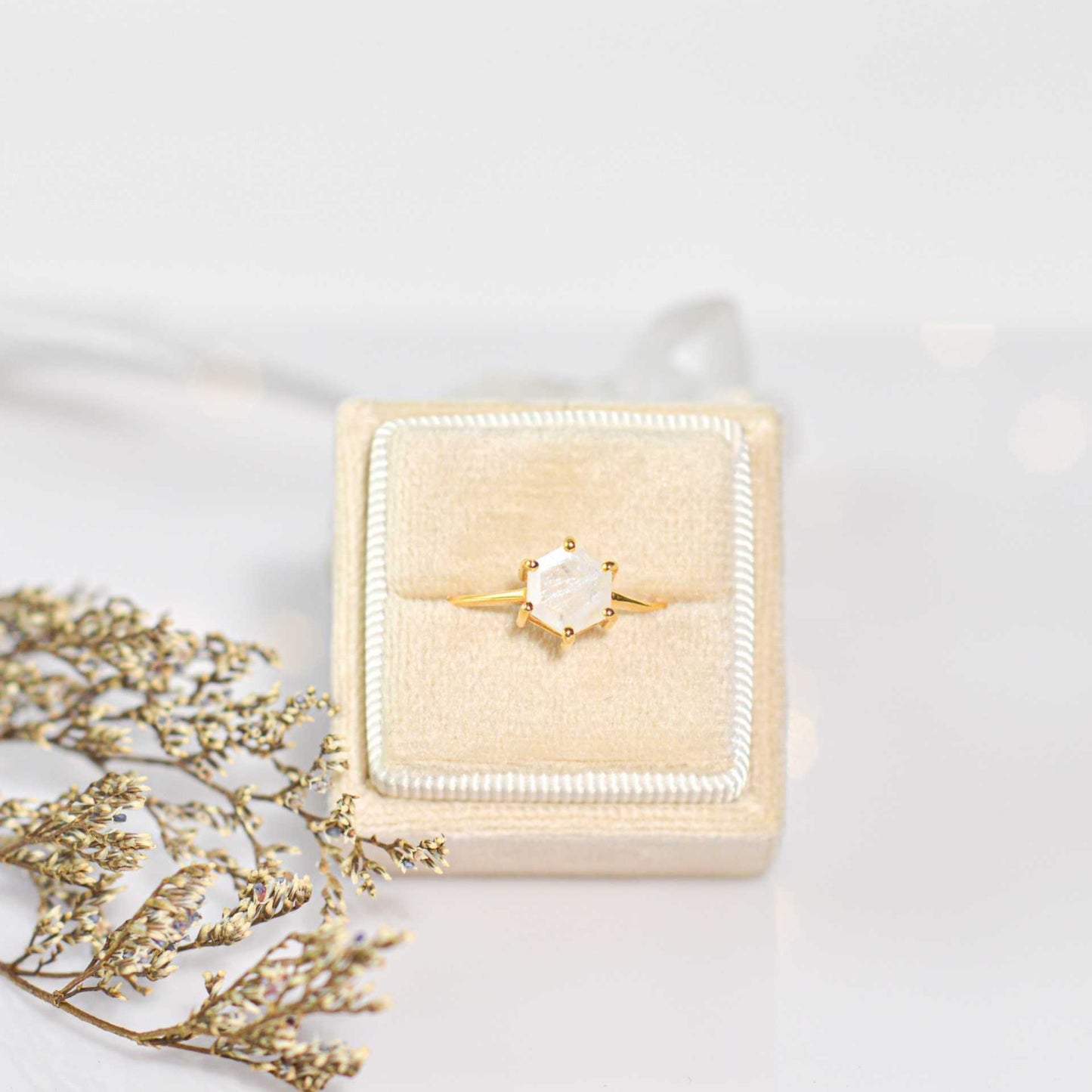 7 mm Hexagon cut Rainbow Moonstone  Yellow gold plated Ring