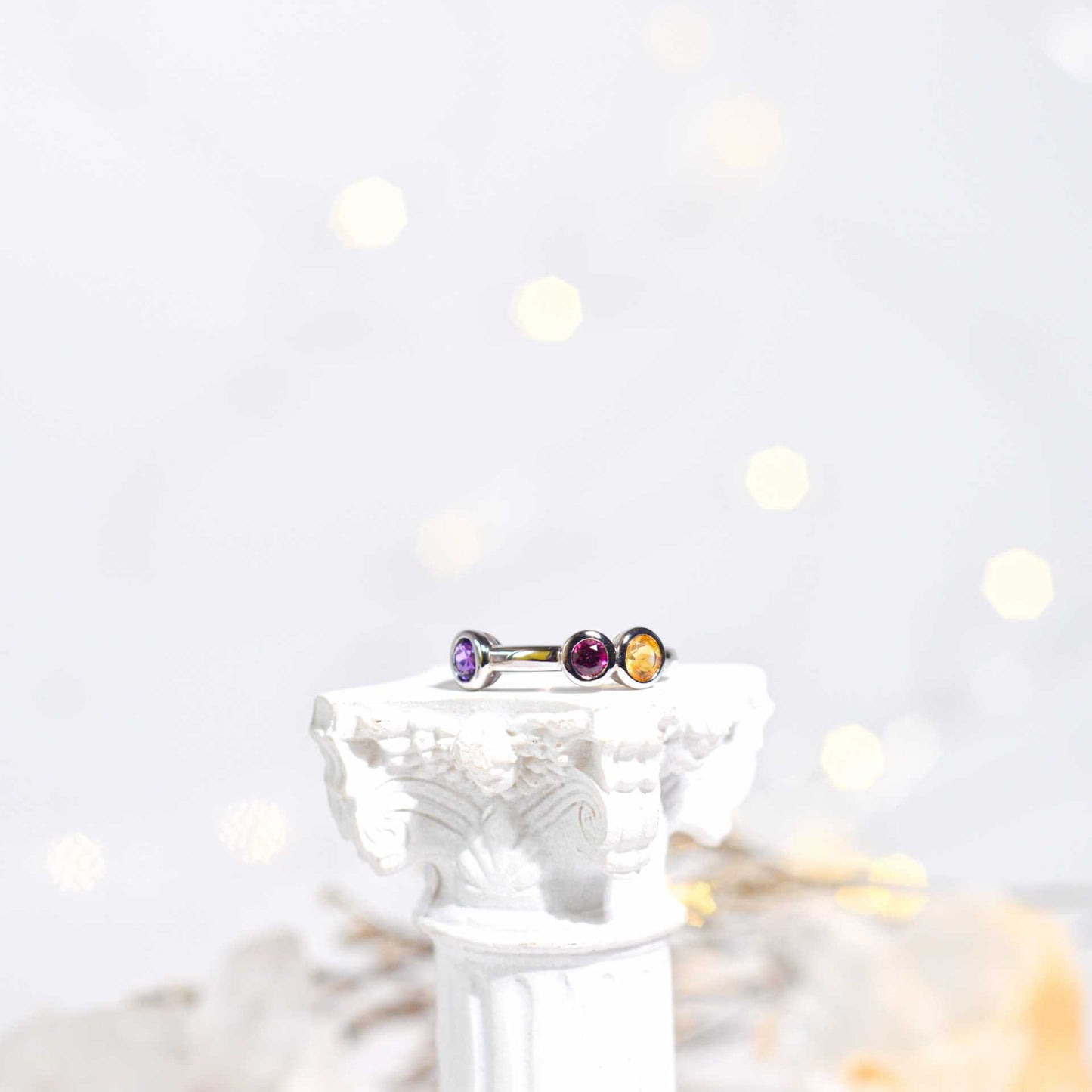 4 mm Tri-gemstone colored Satellite Ring