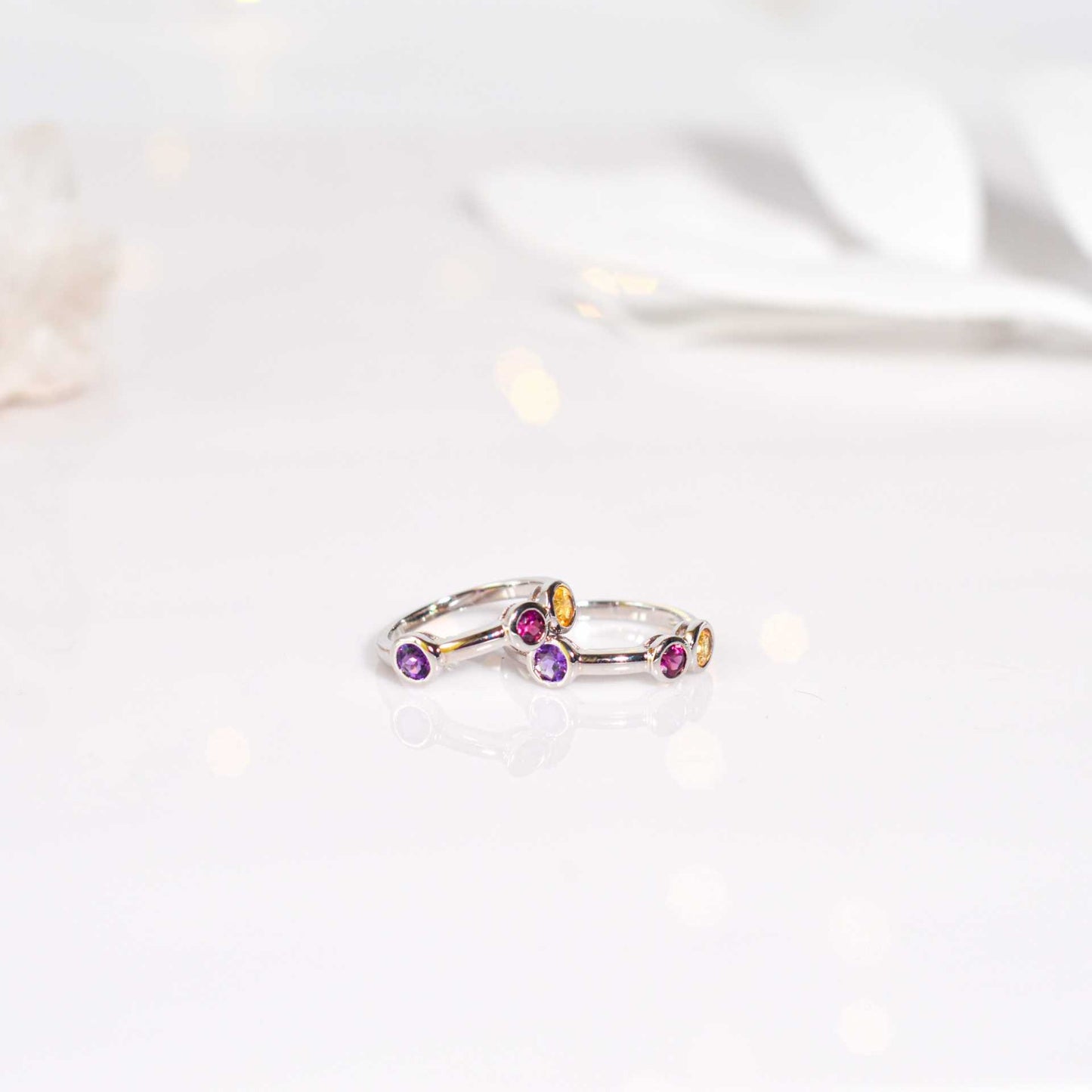 4 mm Tri-gemstone colored Satellite Ring