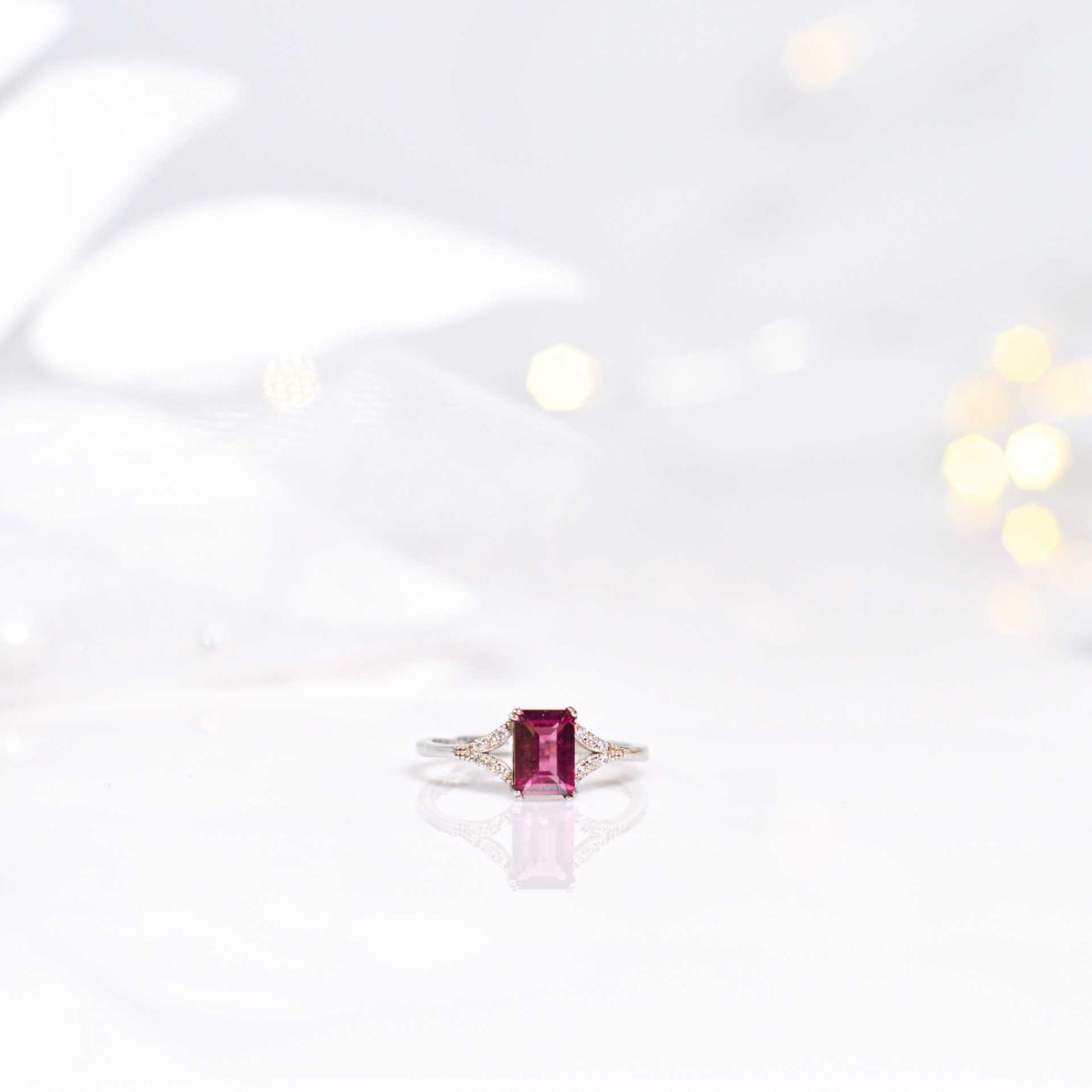 7 x 5 mm baguette Tourmaline Y Cz stones band Rhodium plated ring