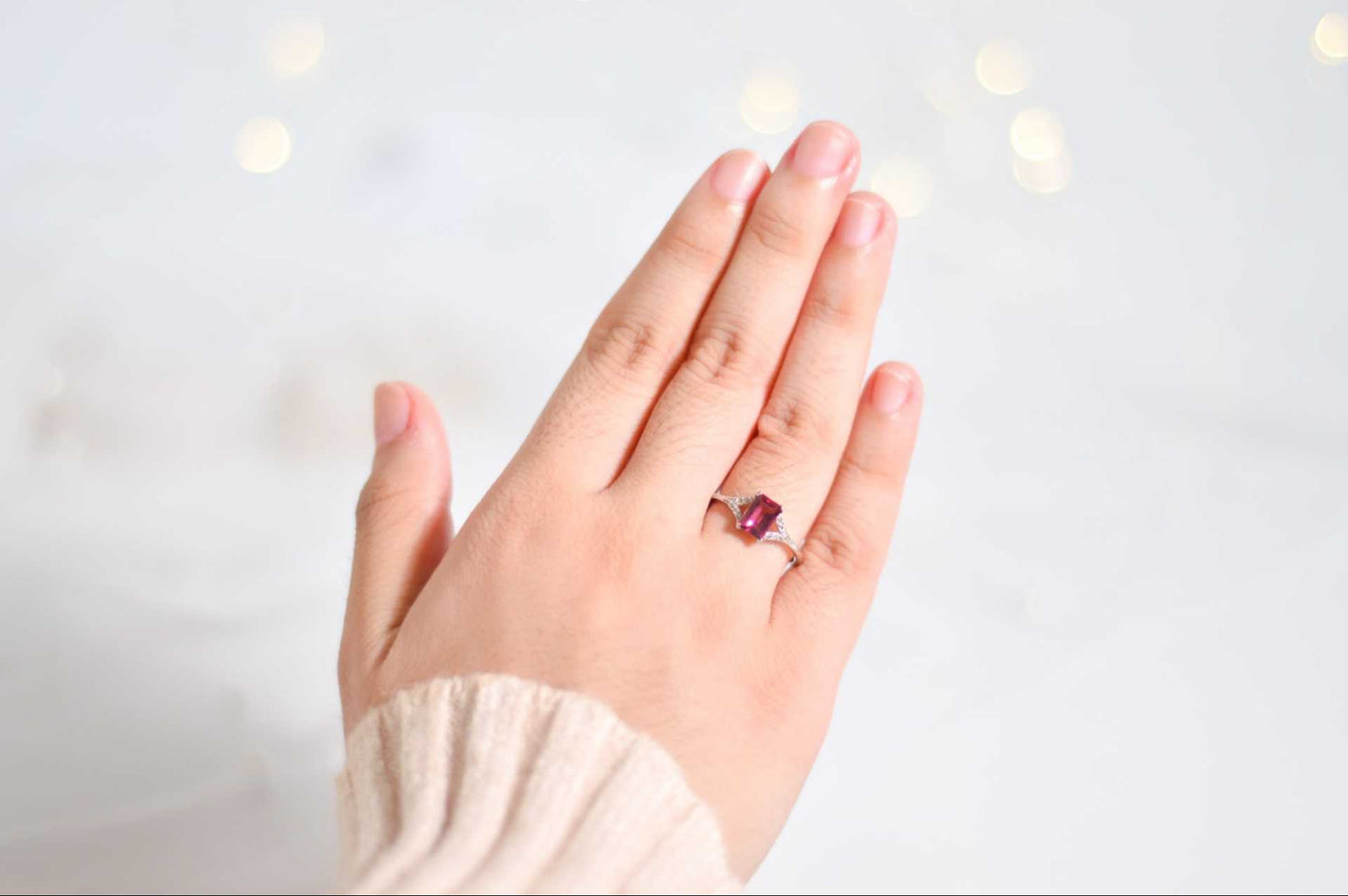 7 x 5 mm baguette Tourmaline Y Cz stones band Rhodium plated ring