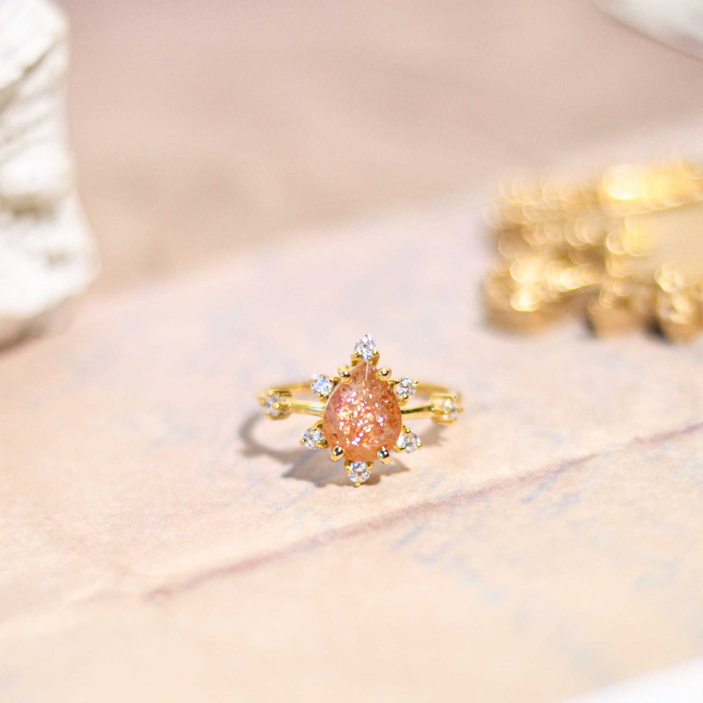 8 x 6 mm Pear cut Sunstone Sunburst Ring